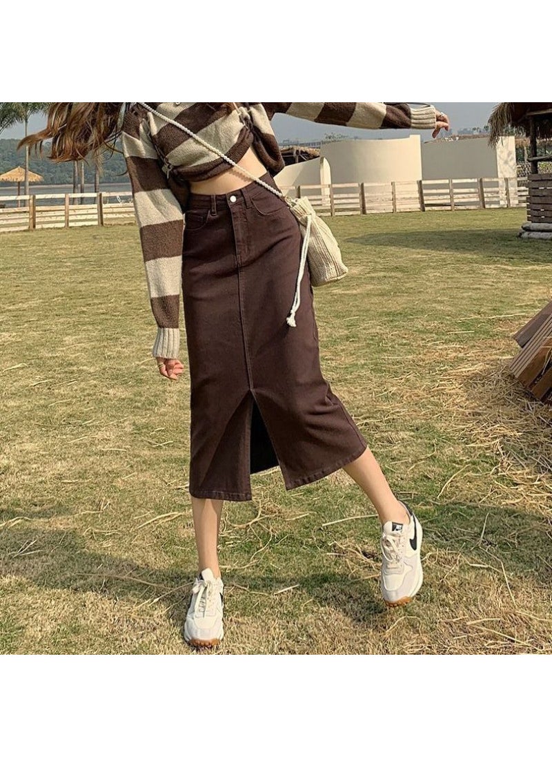 High Waist Split Denim Midi Skirt 2024 Autumn Black