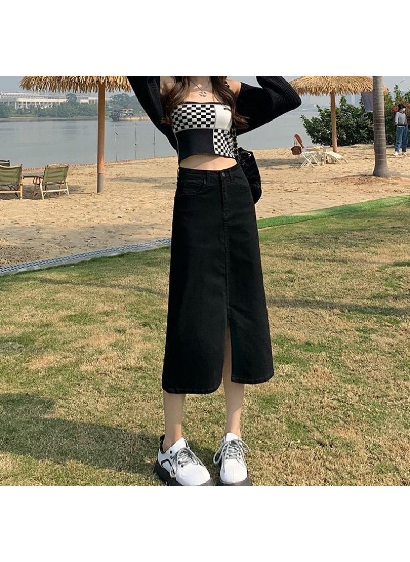 High Waist Split Denim Midi Skirt 2024 Autumn Black