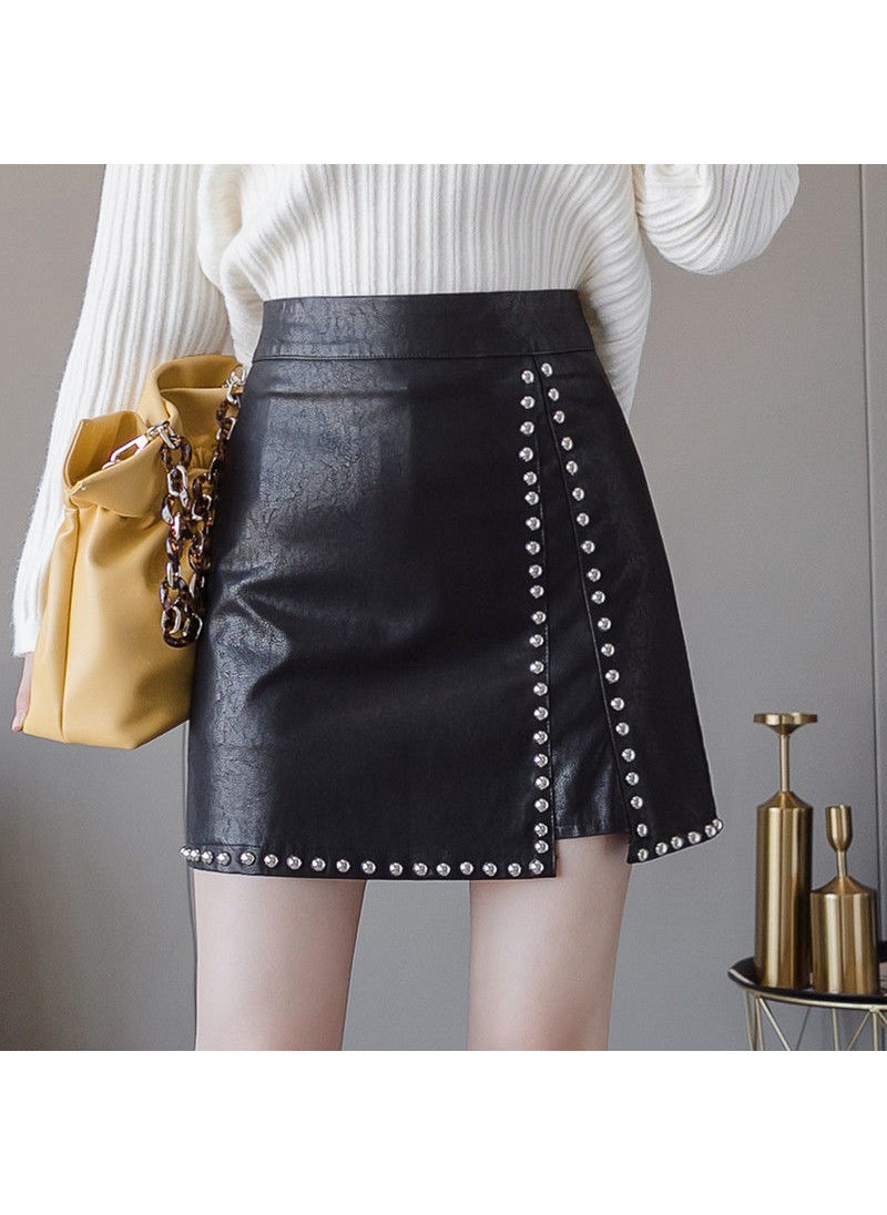 2024 Autumn Winter A-Line PU Leather Skirt 702 beading style