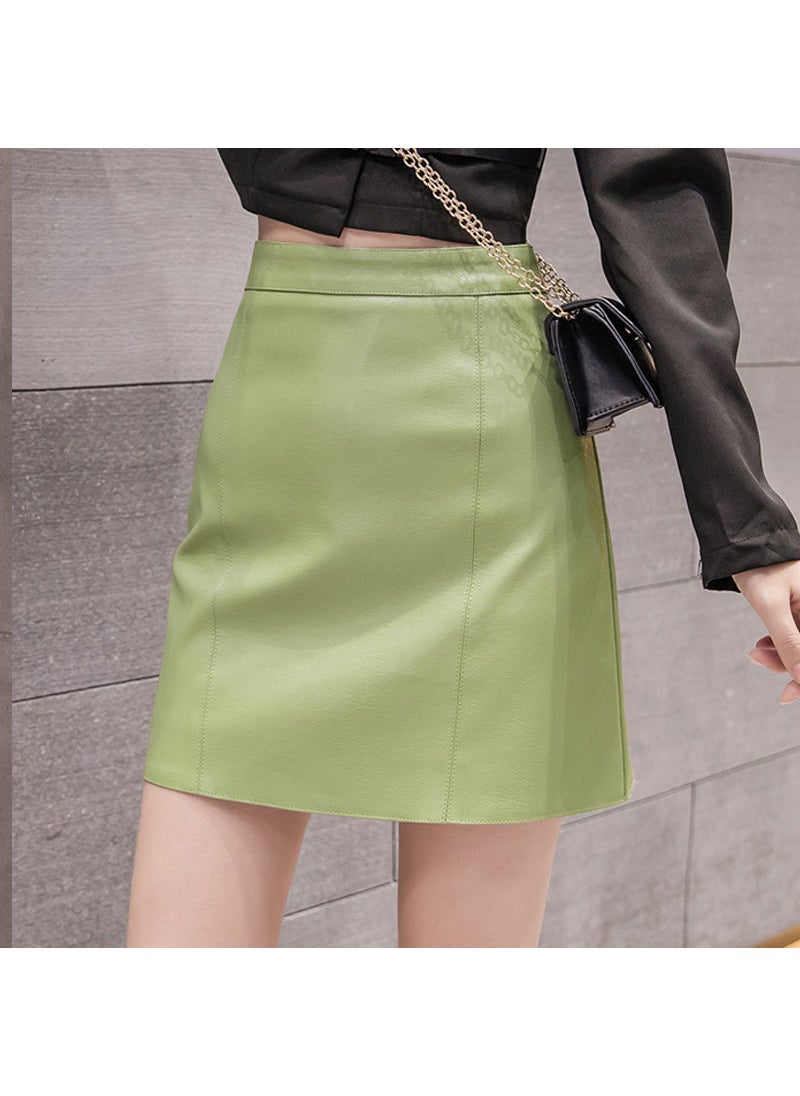 2024 Autumn Winter A-Line PU Leather Skirt Vertical green