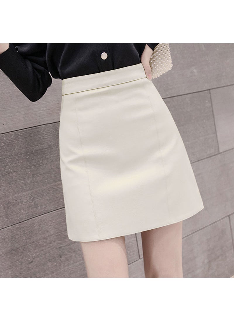 2024 Autumn Winter A-Line PU Leather Skirt Vertical apricot color