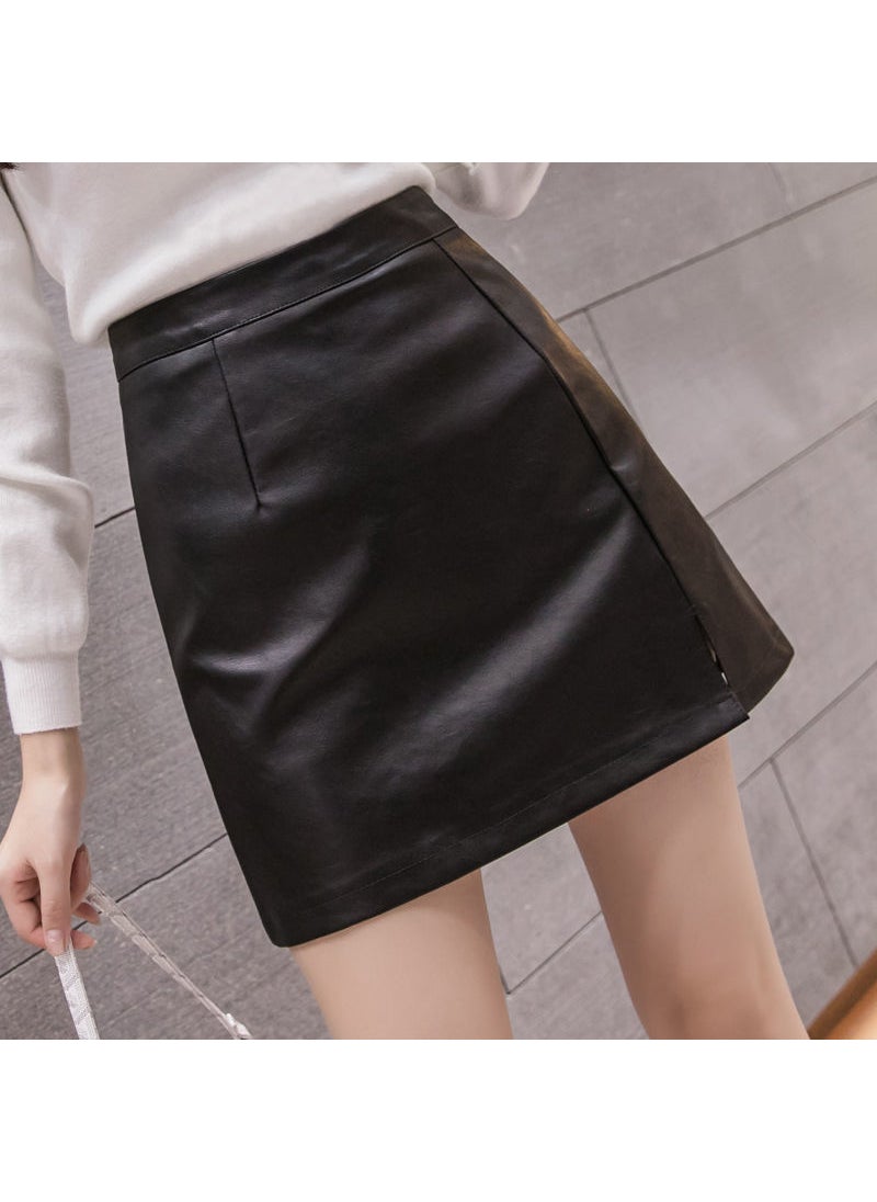 2024 Autumn Winter A-Line PU Leather Skirt Slit black