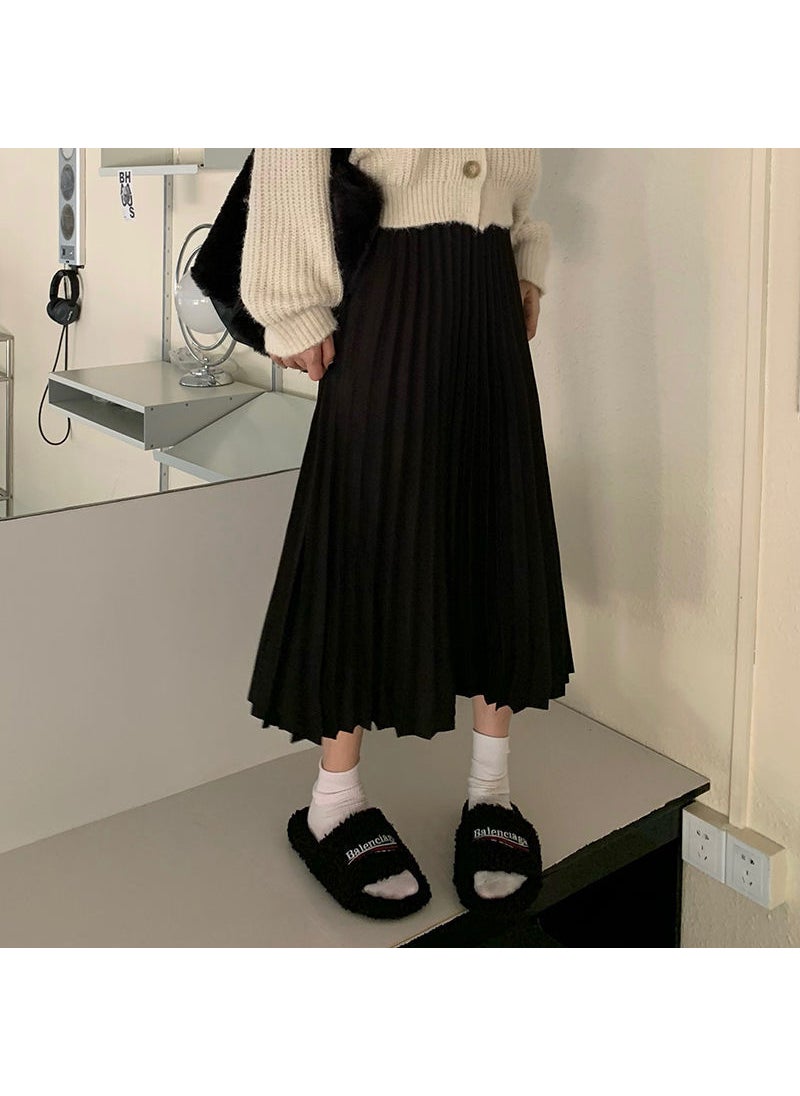 Coffee Pleated Midi Skirt A-Line Autumn Slimming Black