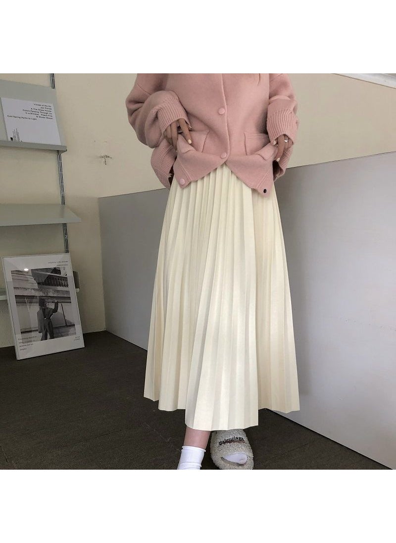 Coffee Pleated Midi Skirt A-Line Autumn Slimming Apricot