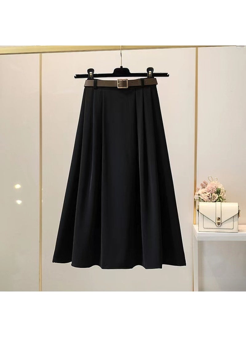 2024 Spring Autumn A-Line Skirt with Belt Black free belt