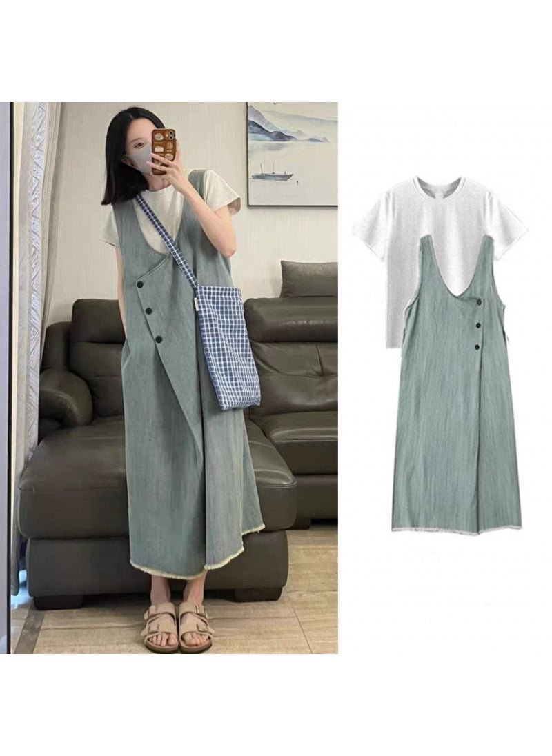 Plus Size Vintage Denim Skirt Set for Women Summer White t-shirt + denim skirt