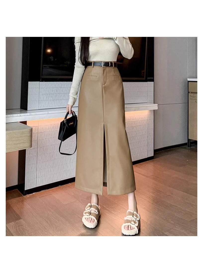 Retro Coffee PU Leather Skirt High Waist Slim A-Line Khaki + belt