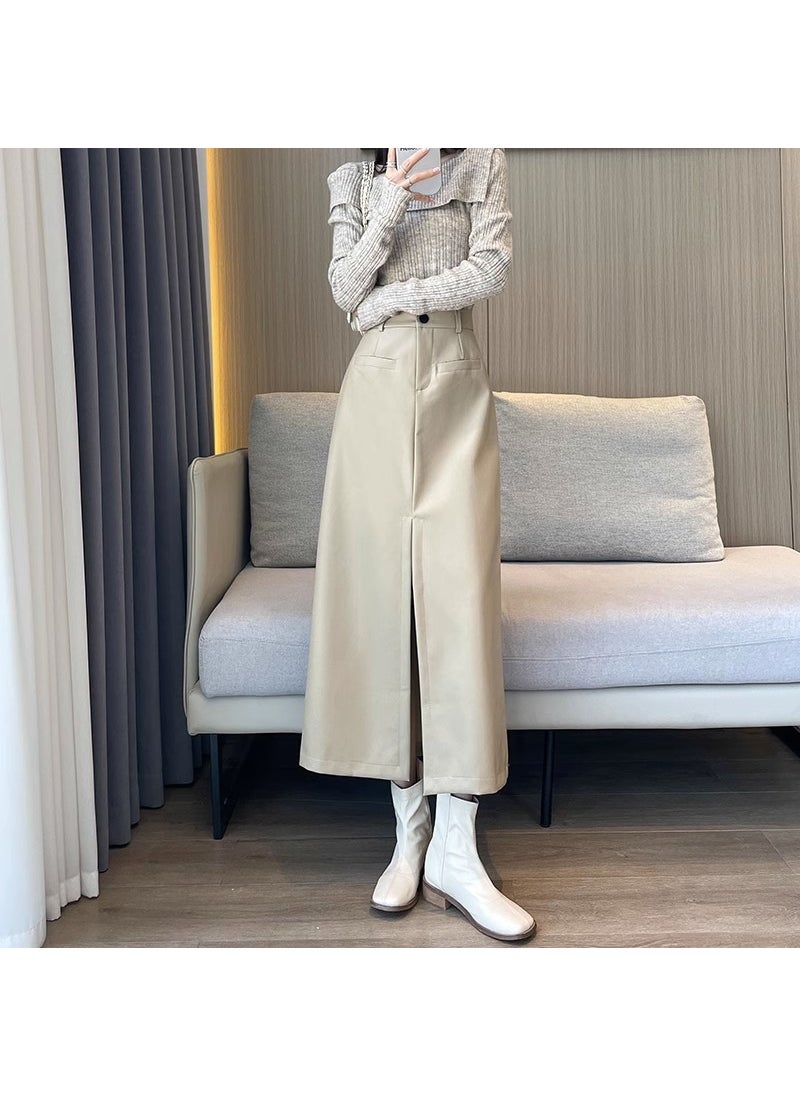 Retro Coffee PU Leather Skirt High Waist Slim A-Line Apricot + belt