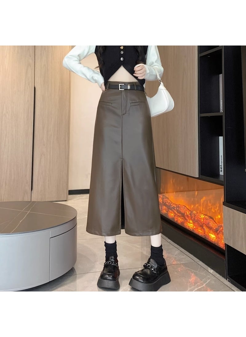 Retro Coffee PU Leather Skirt High Waist Slim A-Line Brown + belt