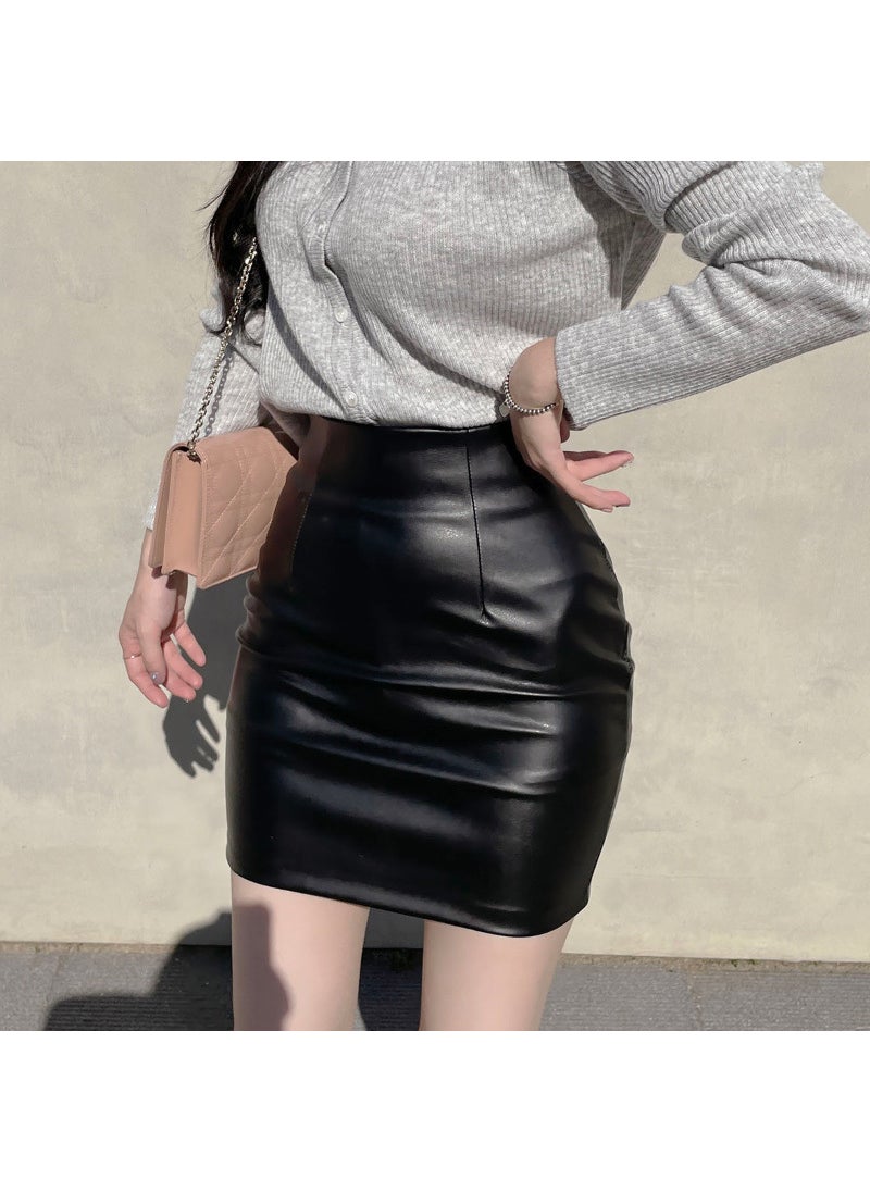 Retro Coffee PU Leather Skirt High Waist Slim A-Line 5062#Black