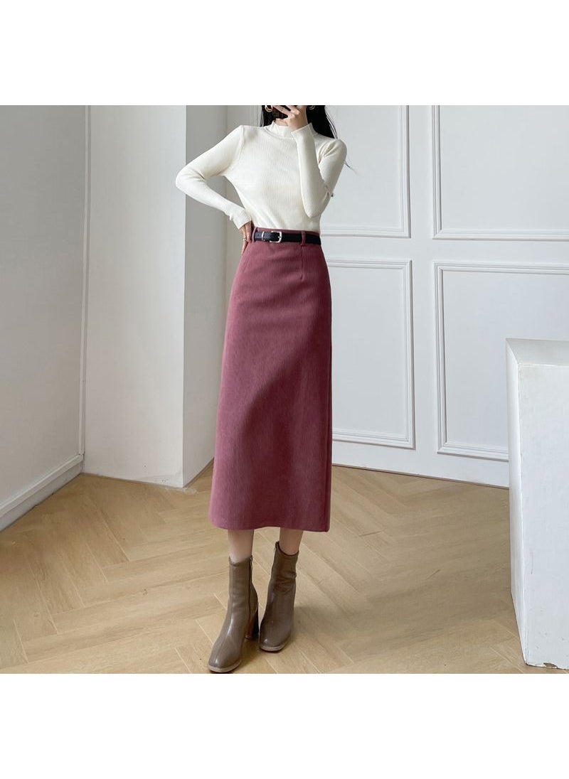 Corduroy A-Line Midi Skirt with Slit for Women Medium length without headlamp core, elegant purple, light color in real life