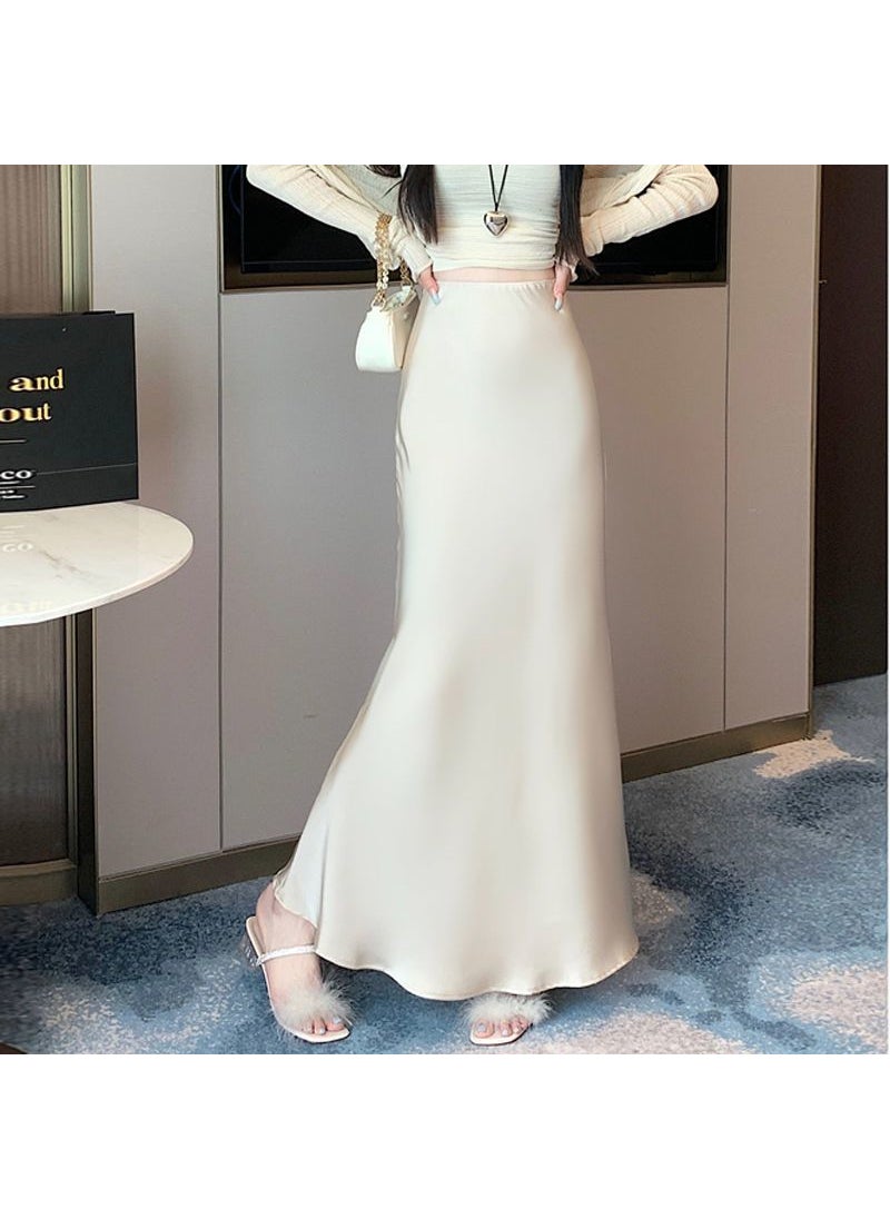 Elegant High Waist Midi Skirt Autumn A-line Champagne color