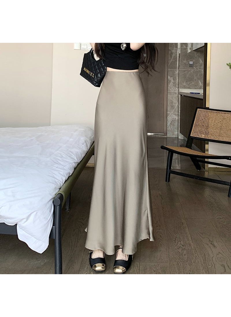 Elegant High Waist Midi Skirt Autumn A-line Coffee color