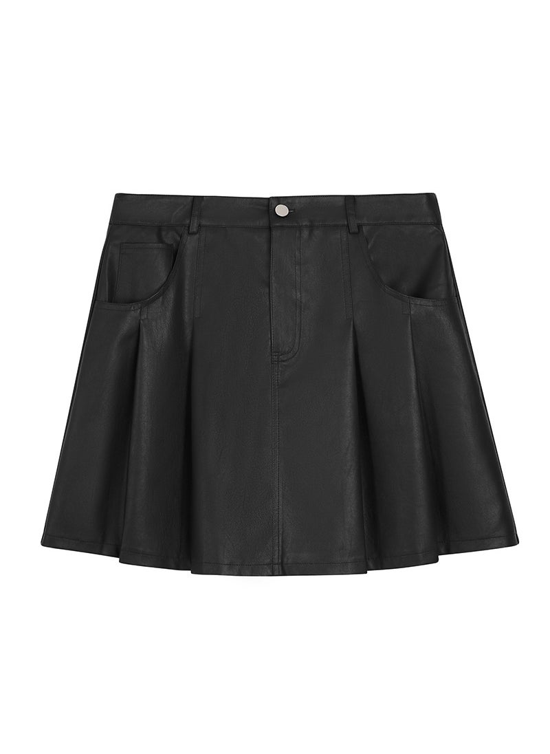 Korean High-Waist Pleather A-Line Skirt Plus Size Autumn Winter Black