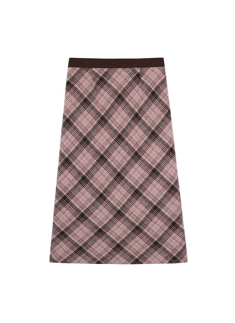 Retro High-Waist Slimming Plaid Wool Skirt Pink plaid