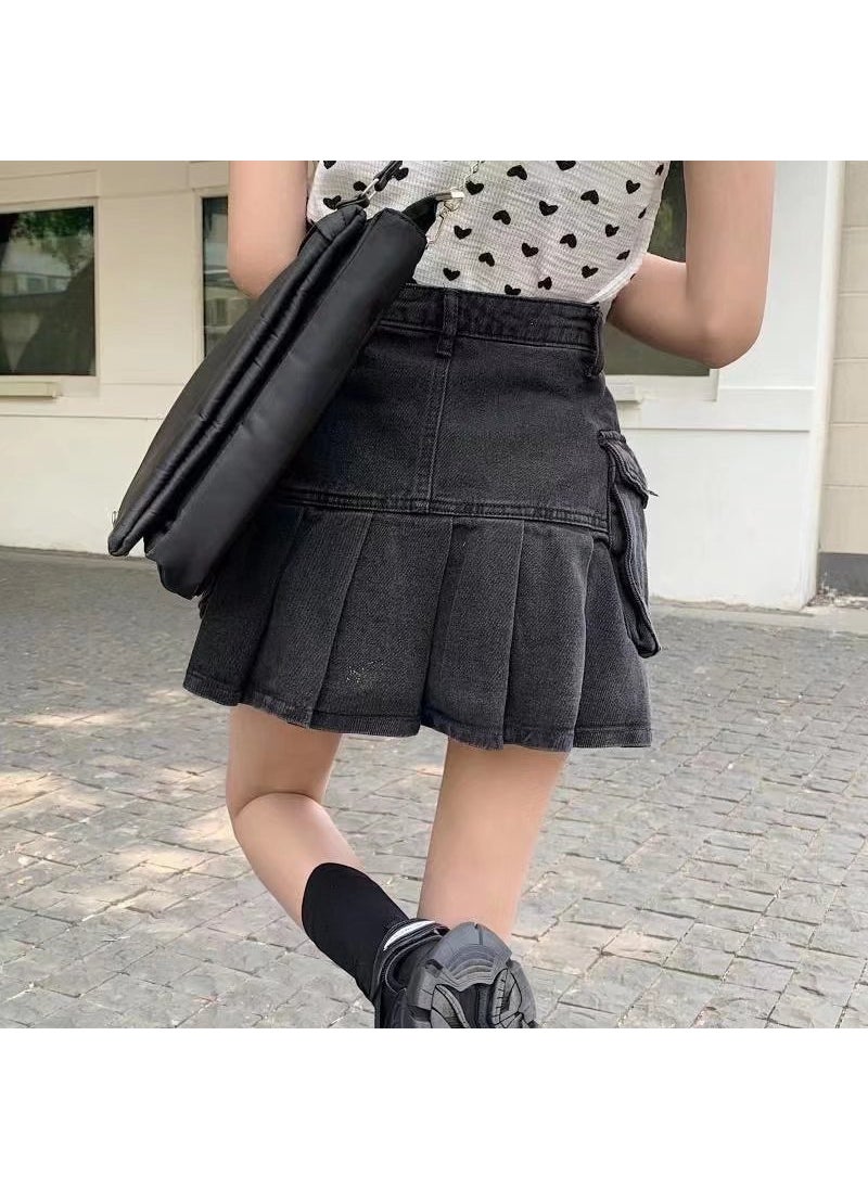 Black Denim Pleated Skirt Summer 2022 High Waist A-line Grey