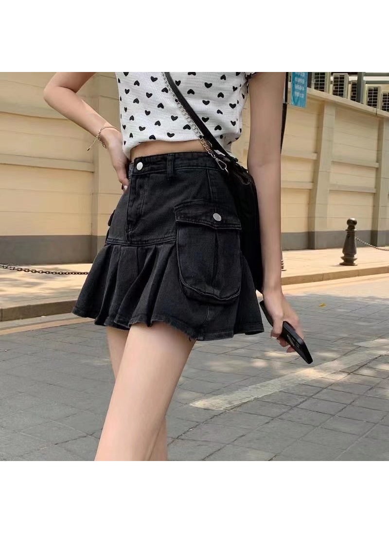 Black Denim Pleated Skirt Summer 2022 High Waist A-line Black