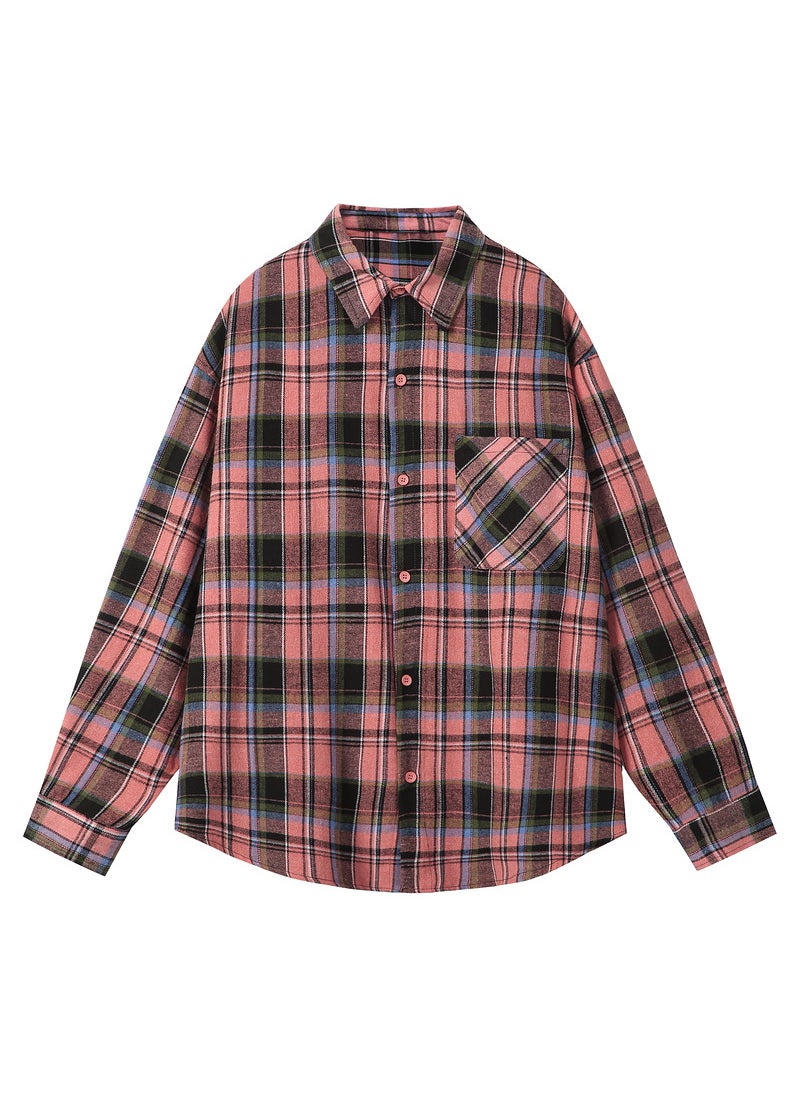 Vintage Check Shirt Casual Loose Fit Pink