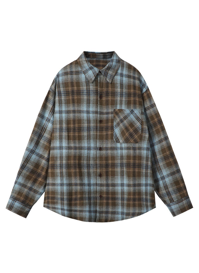 Vintage Check Shirt Casual Loose Fit blue brown lattice