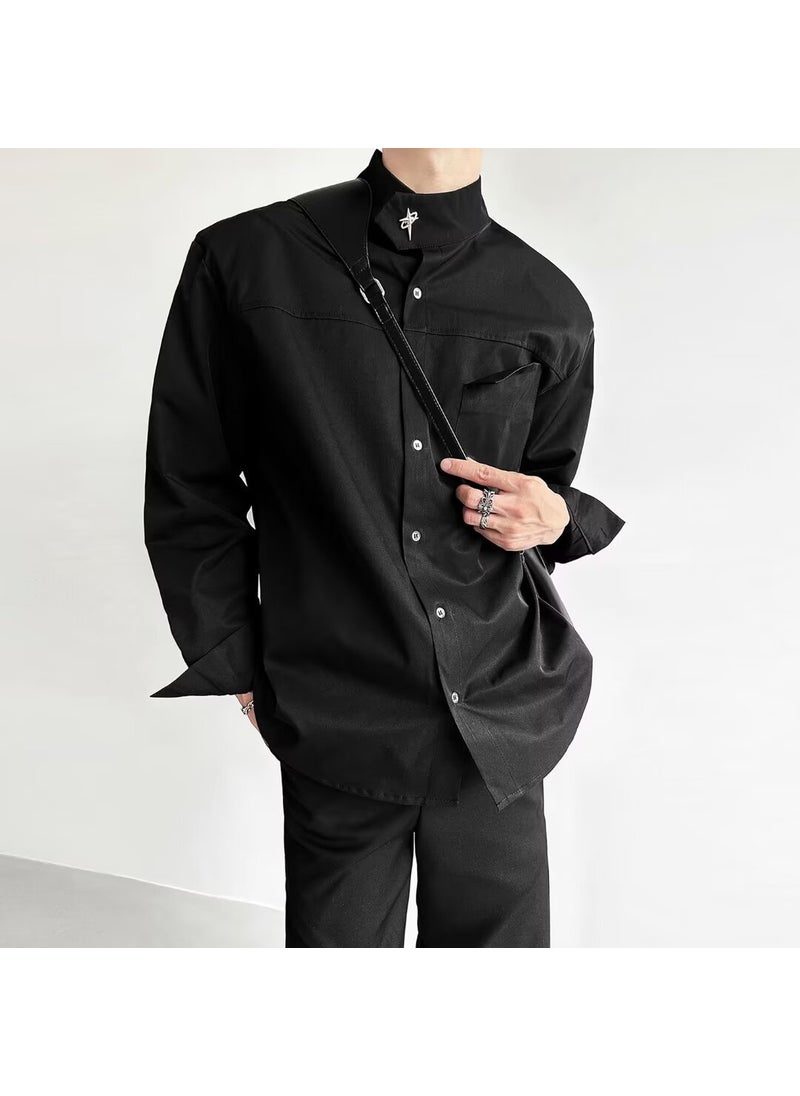 Autumn Mens White Casual Long-Sleeve Shirt Black