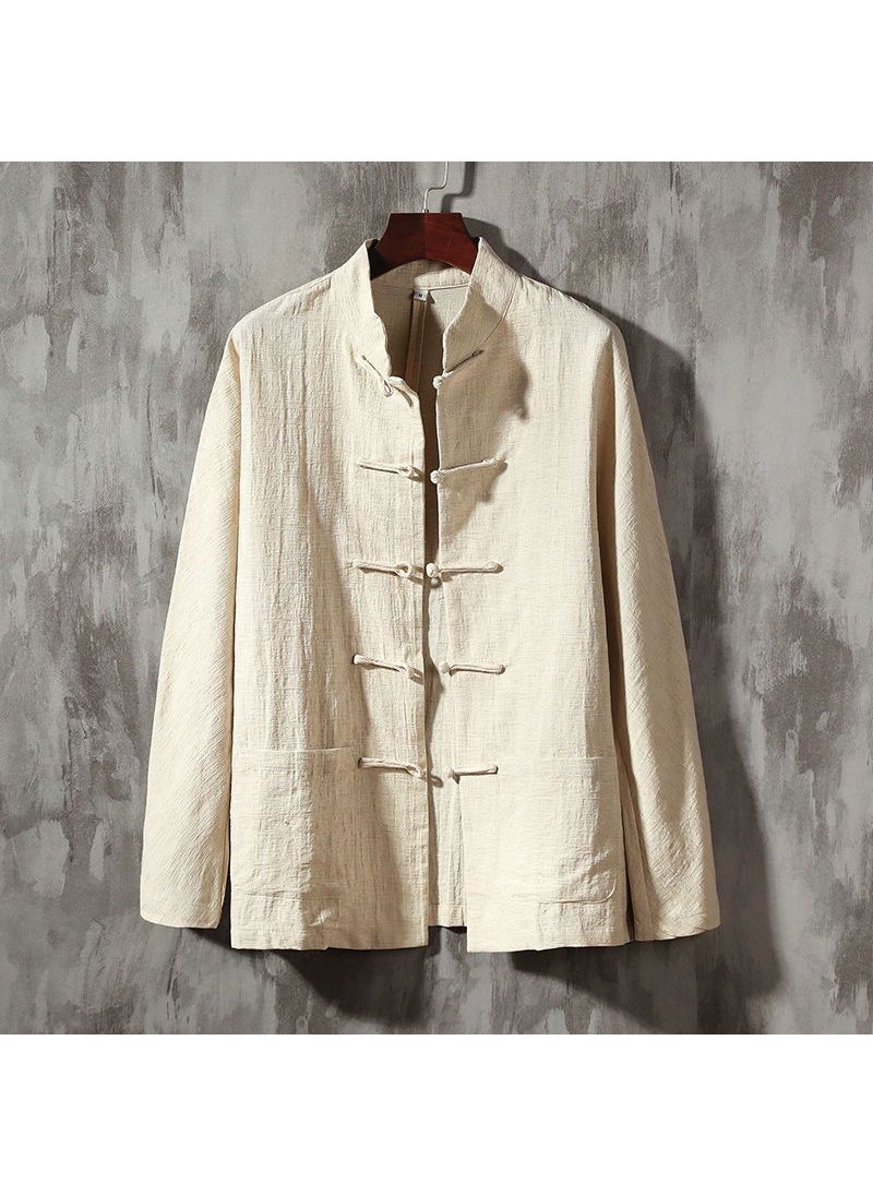 Summer Chinese Style Mens Linen Shirt with Mandarin Collar Khaki [handmade buckle] / 3 pieces left