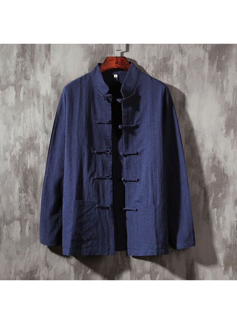 Summer Chinese Style Mens Linen Shirt with Mandarin Collar Navy blue [handmade buckle] / 3 pieces left