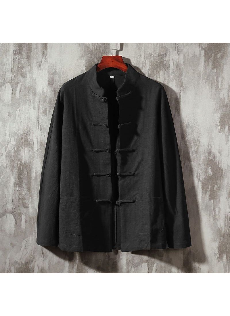 Summer Chinese Style Mens Linen Shirt with Mandarin Collar Black [handmade buckle] / 3 pieces left