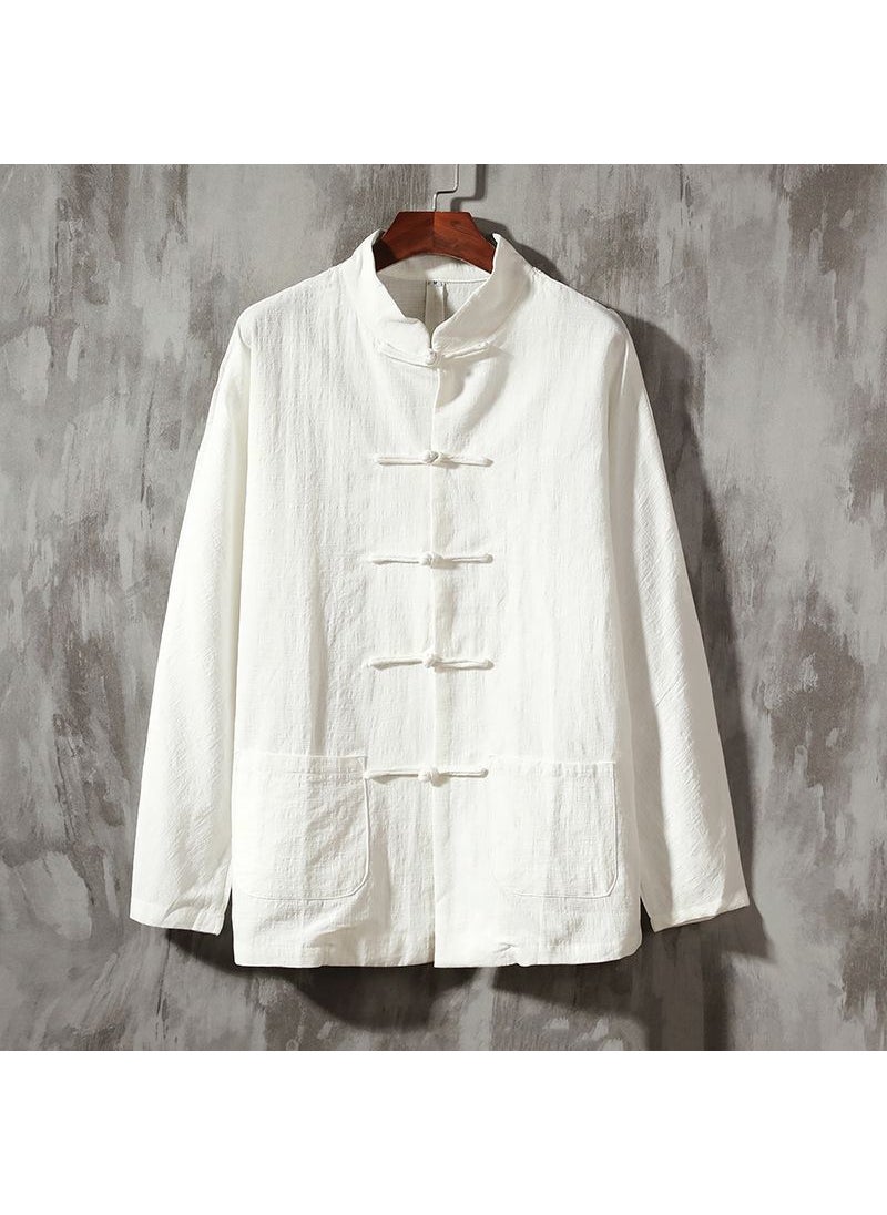 Summer Chinese Style Mens Linen Shirt with Mandarin Collar White [handmade buckles] / 3 pieces left