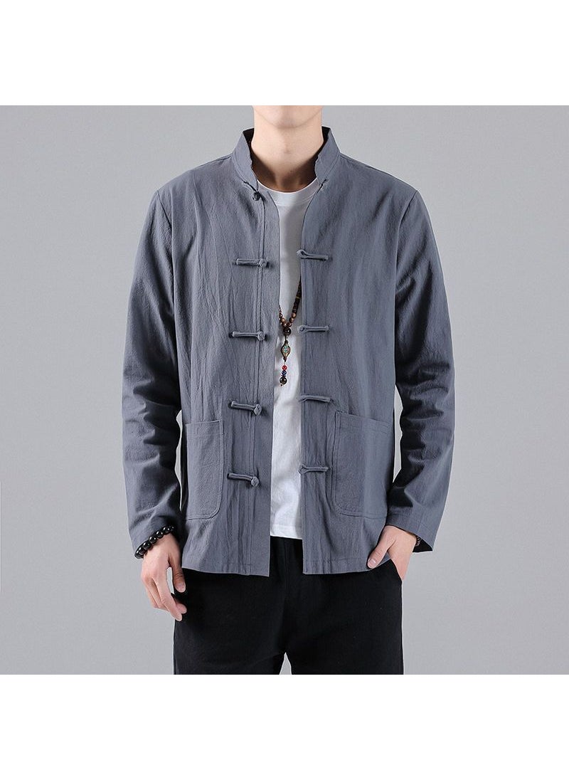 Summer Chinese Style Mens Linen Shirt with Mandarin Collar Gray [handmade buckle] / 3 pieces left