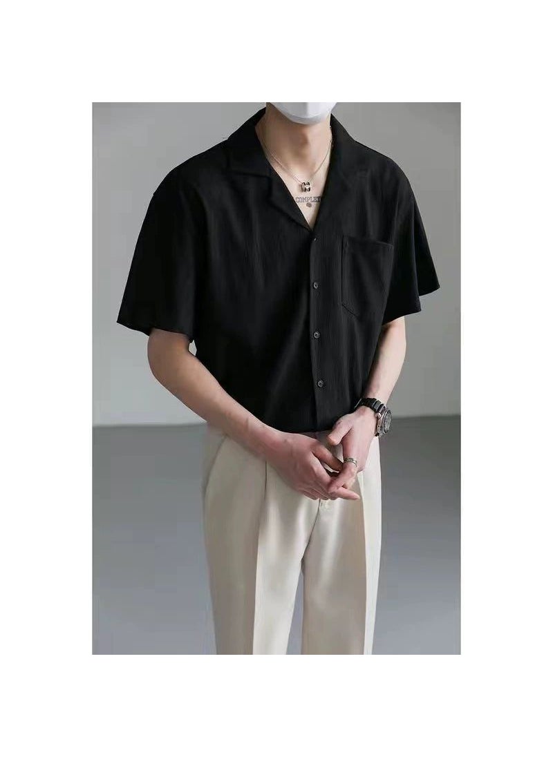 Chic Loose Cuban Collar Short Sleeve Shirt black