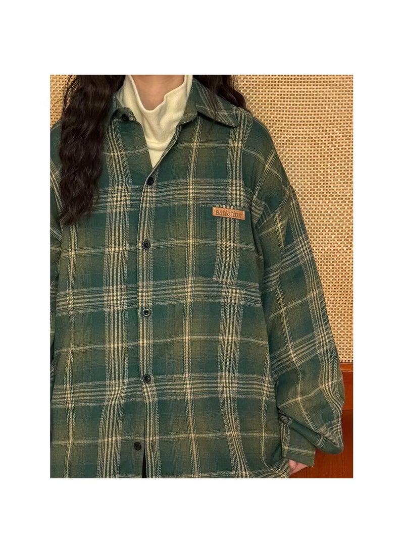 Vintage Distressed Plaid Shirt Unisex Casual Oversized Autumn Outwear C318 Green [Counter Quality]