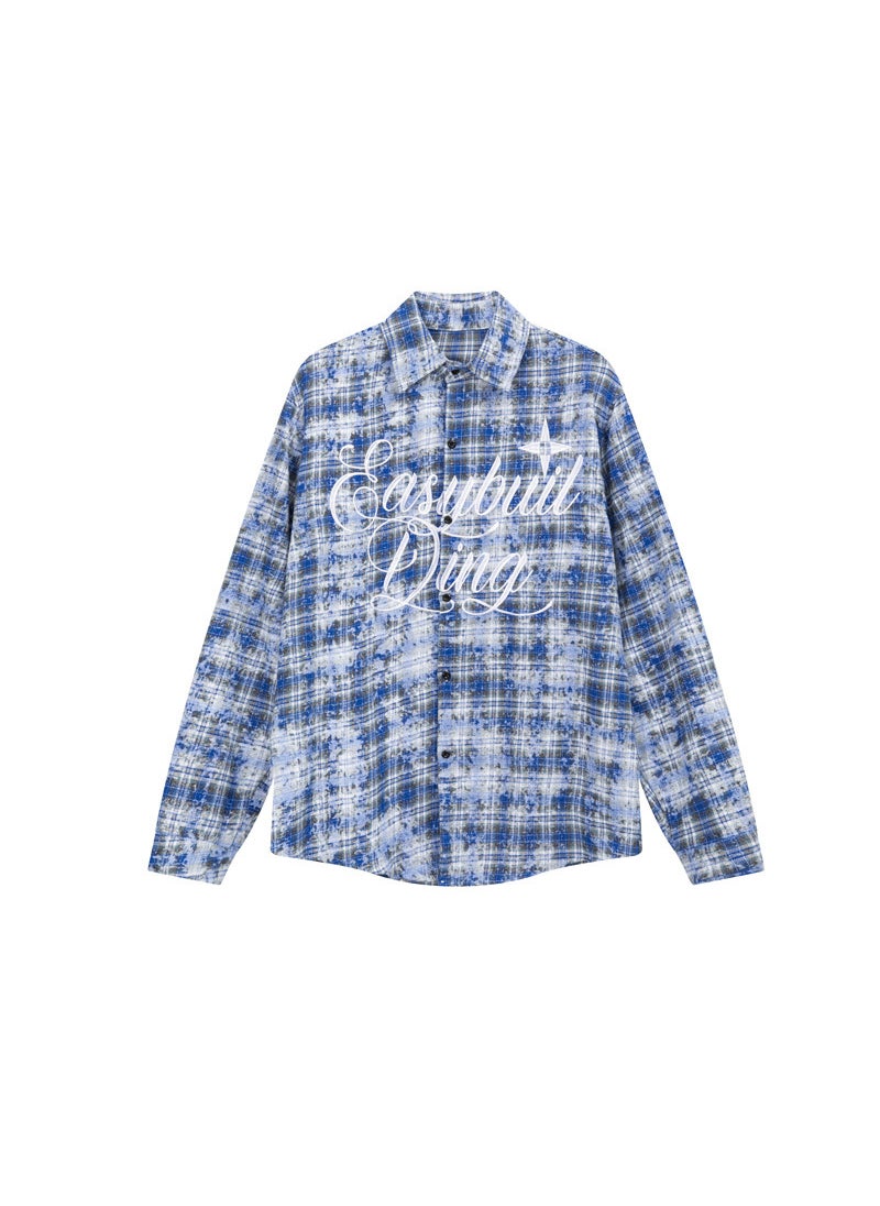 Vintage Embroidered Plaid Shirt Unisex Casual Outerwear blue