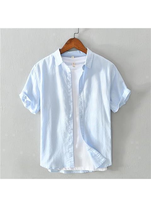 Breathable Linen Mens Short Sleeve Shirt ☺☺Sky blue (only 6 pieces left)☺☺ cotton and linen lapel