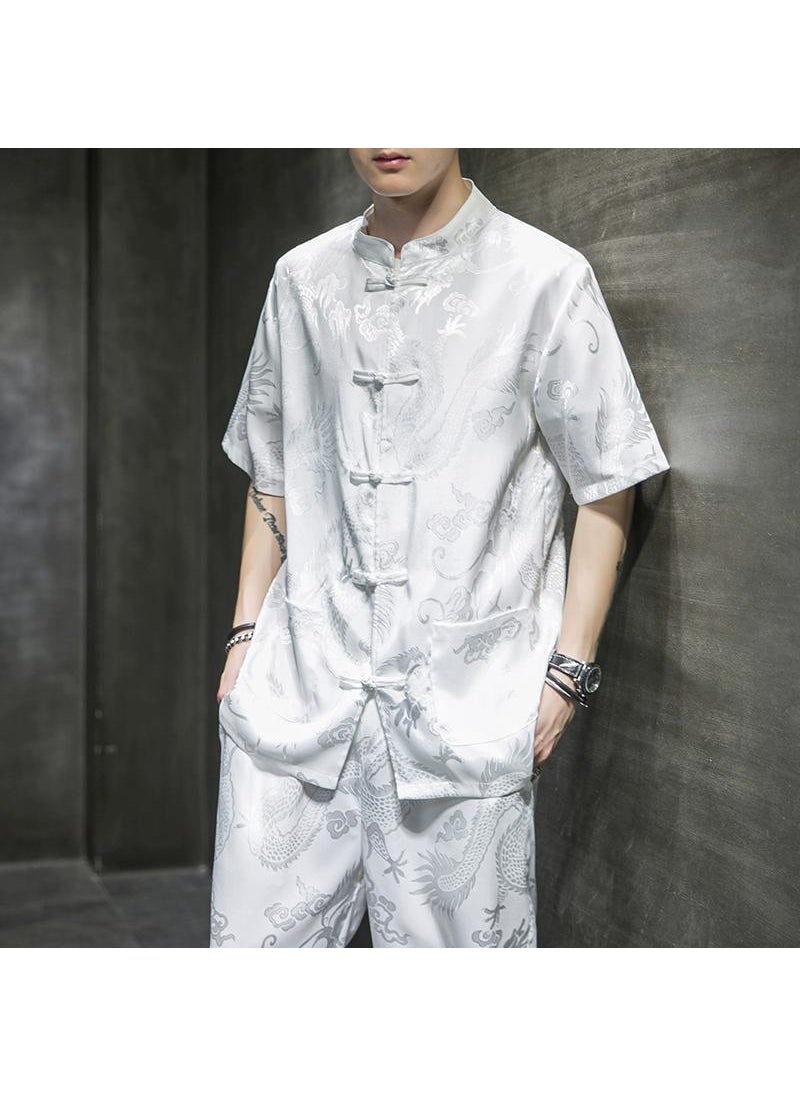 Silk Dragon Print Chinese Shirt Men White [high quality]