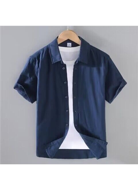 Breathable Linen Mens Short Sleeve Shirt ☺☺Navy blue (only 6 pieces left)☺☺ cotton and linen lapel