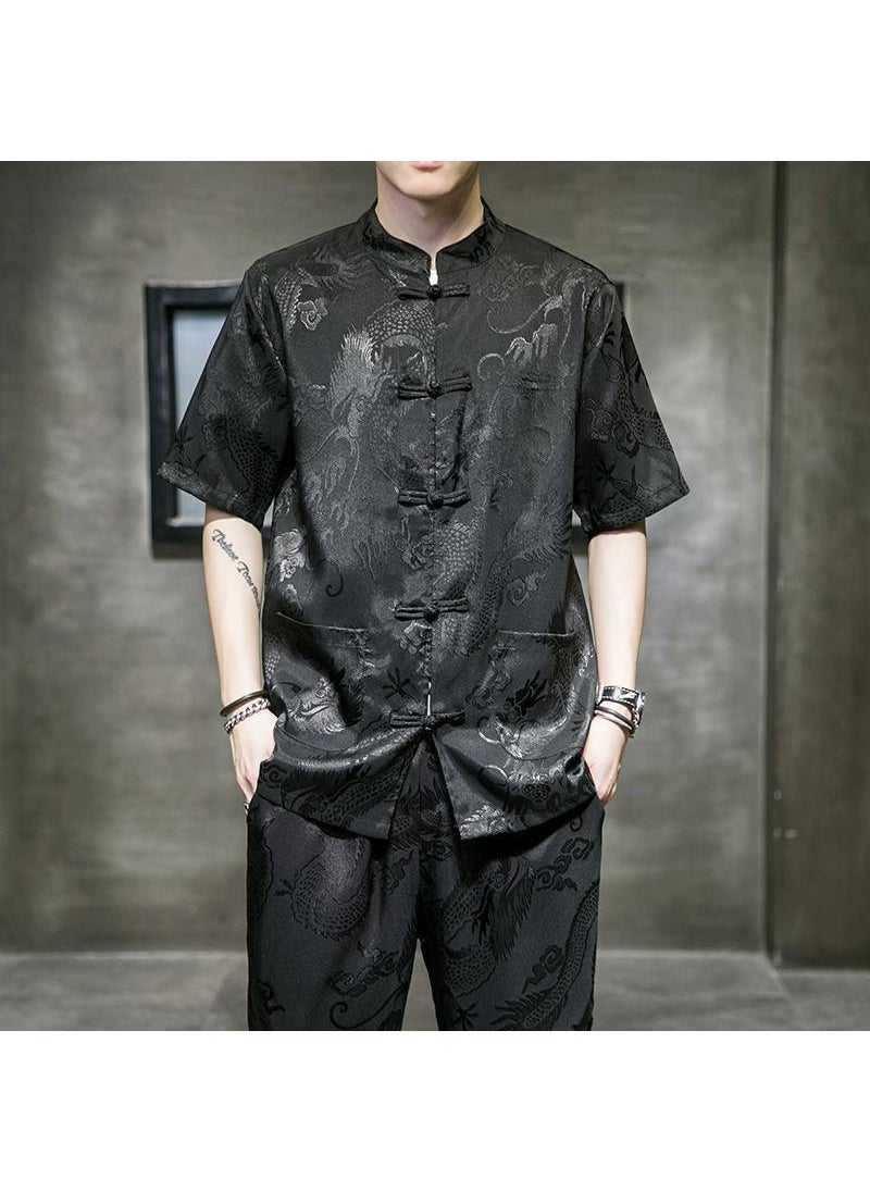 Silk Dragon Print Chinese Shirt Men Black [high quality]