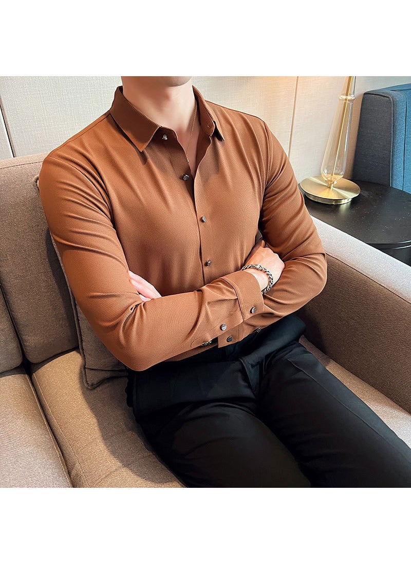 2023 Spring Mens Slim Casual Shirt Brown