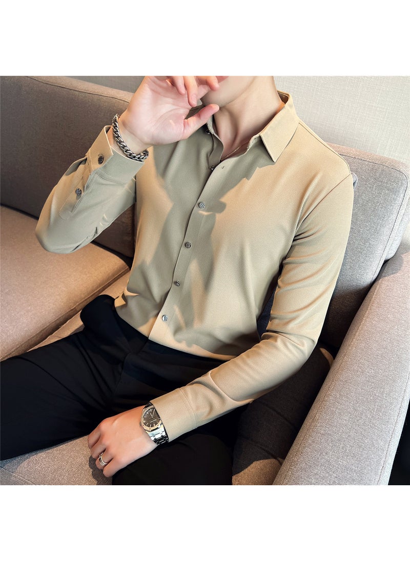 2023 Spring Mens Slim Casual Shirt Khaki