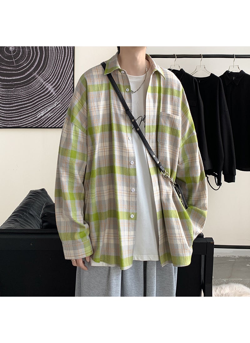 Mens Casual Plaid Shirt Lightweight Summer Long Sleeve Green