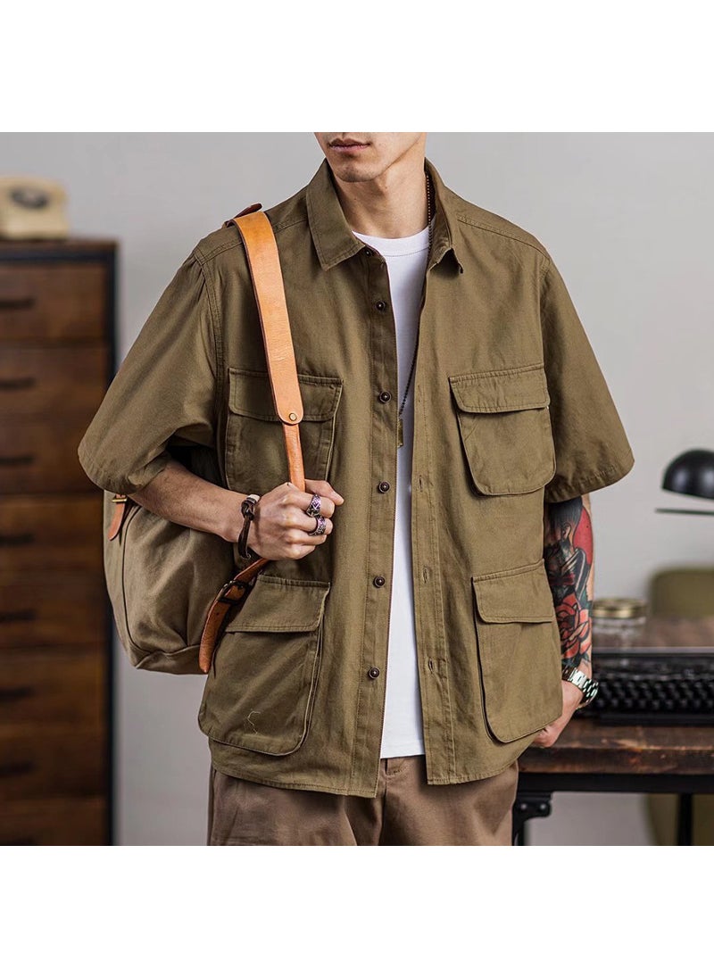 2023 Mens Half Sleeve Cargo Shirt Loose Fit Pockets Khaki