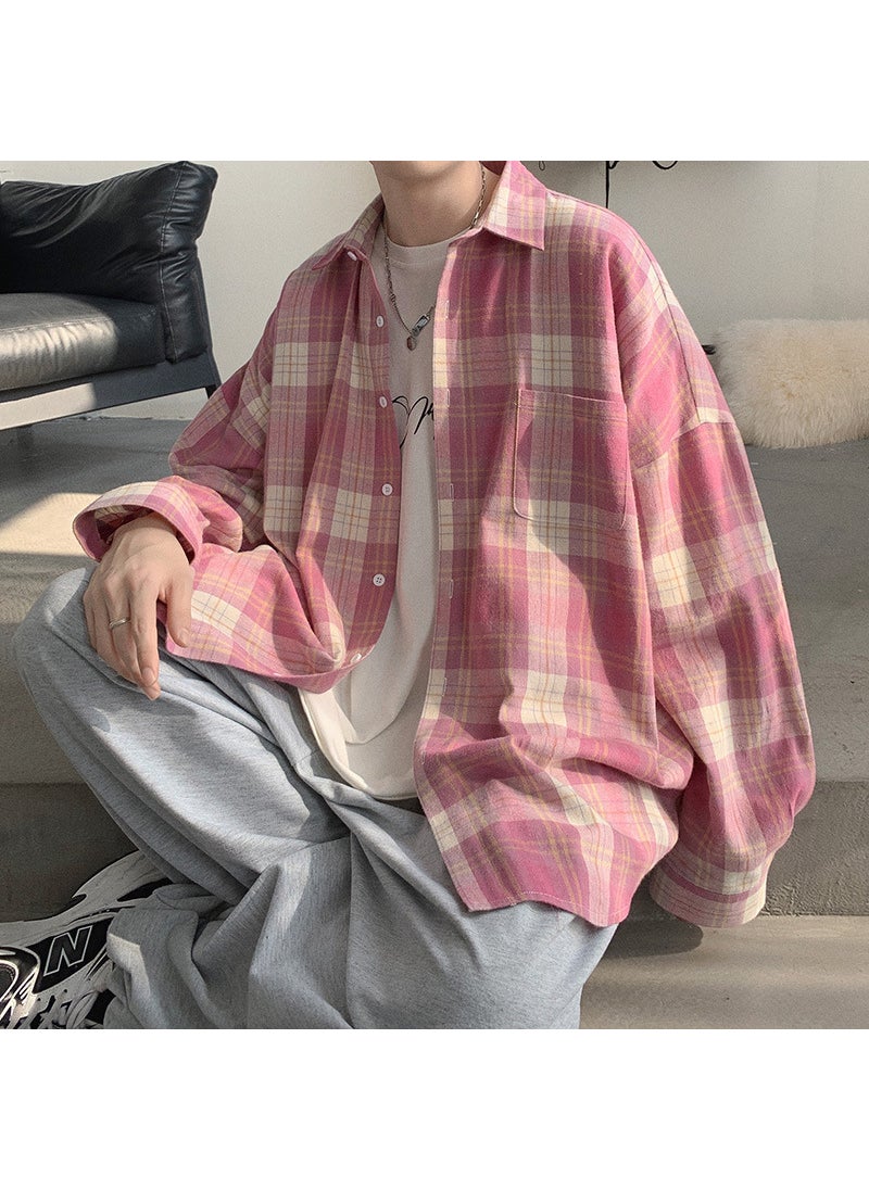 Mens Casual Plaid Shirt Lightweight Summer Long Sleeve Pink