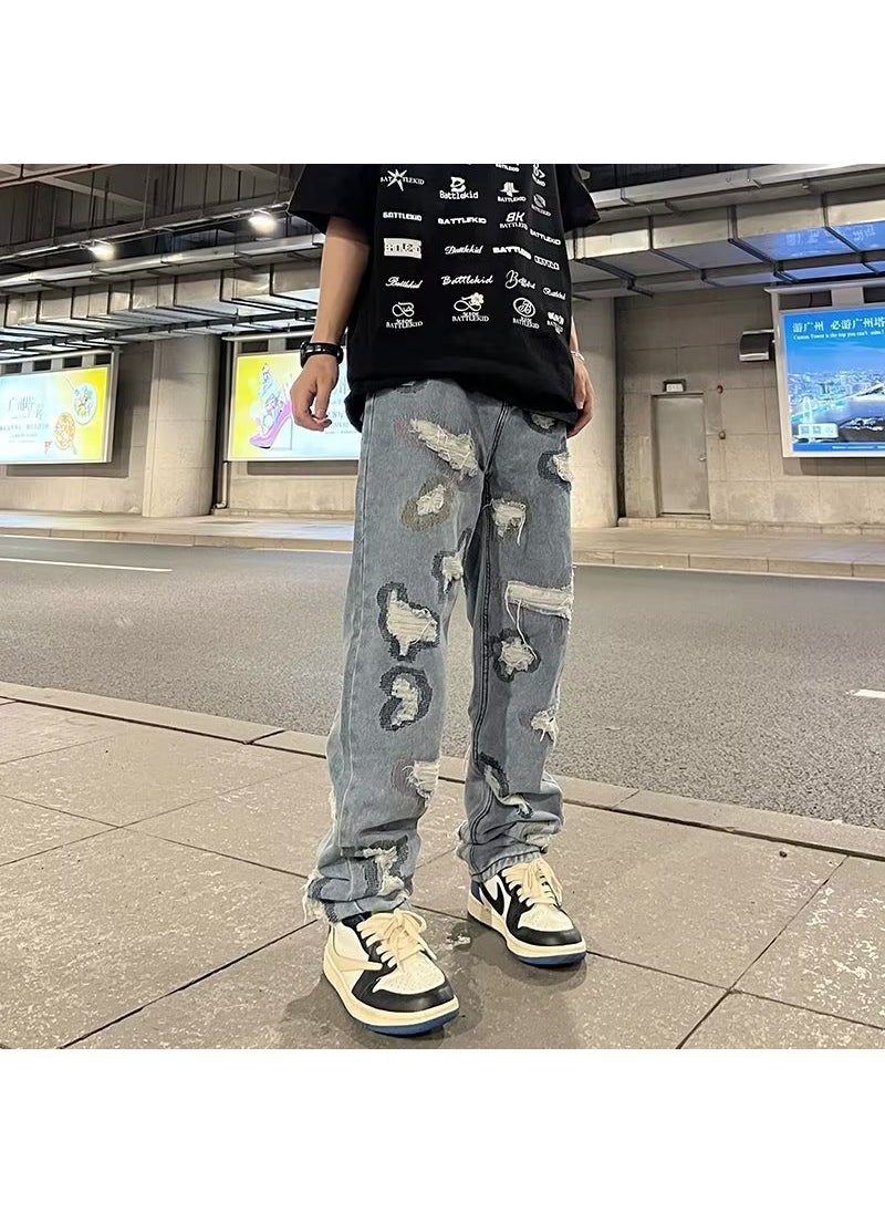 Hip Vibe US Streetwear Distressed Denim Jeans Men Blue