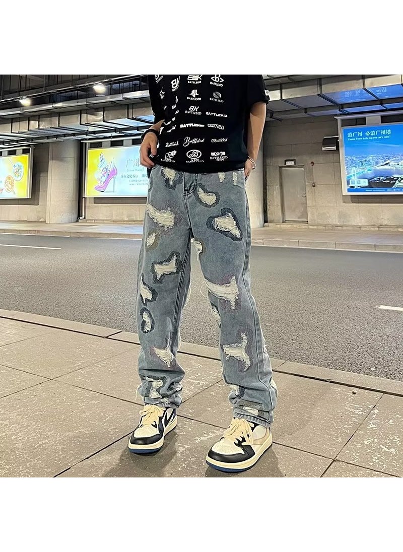 Hip Vibe US Streetwear Distressed Denim Jeans Men Blue