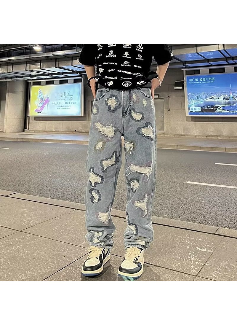 Hip Vibe US Streetwear Distressed Denim Jeans Men Blue