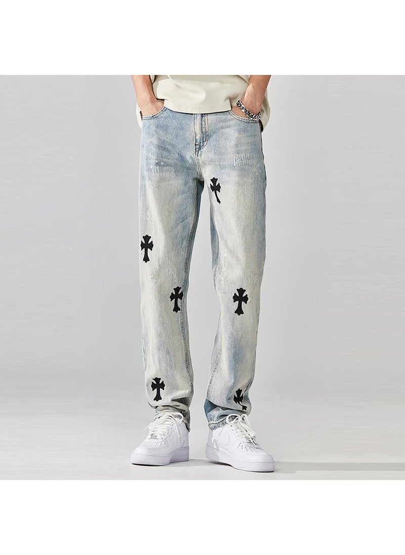 Euro-American Streetwear Washed Print Denim Mens Jeans light blue