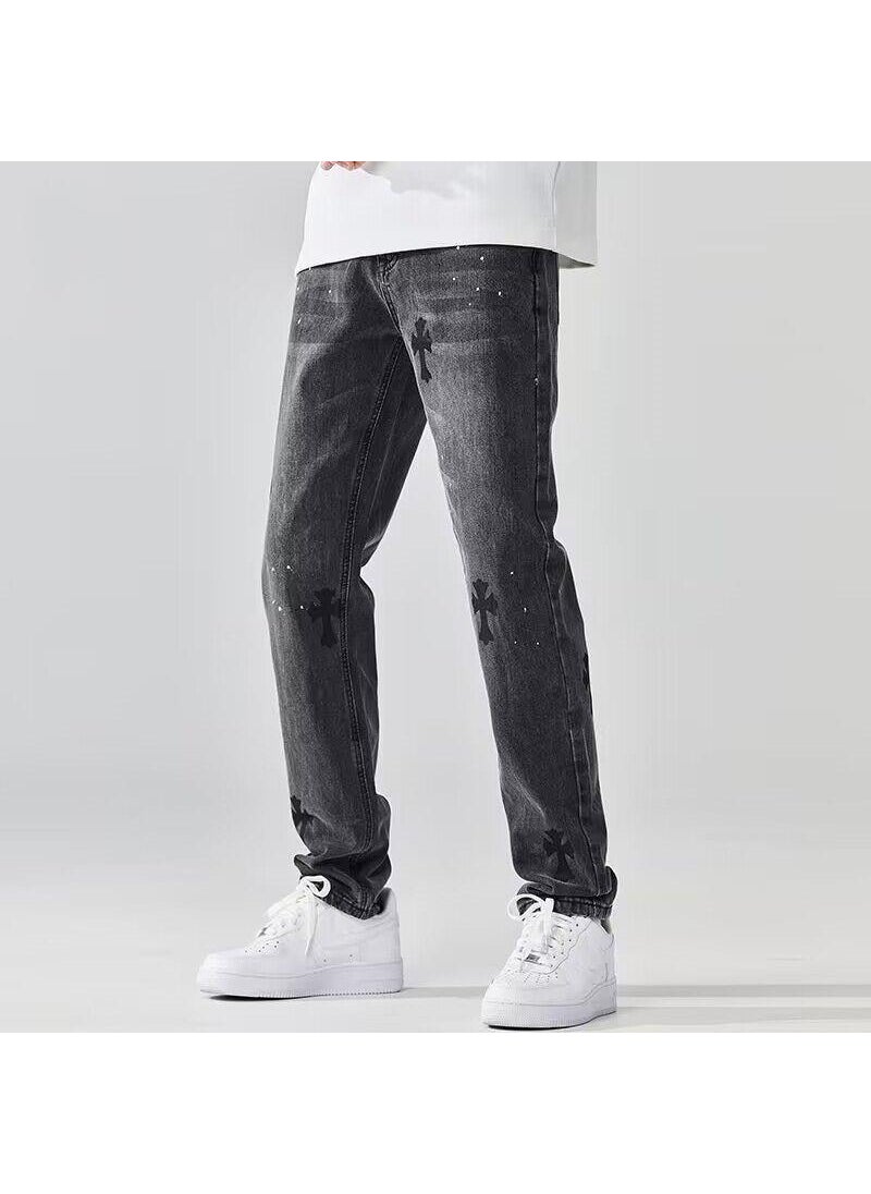 Euro-American Streetwear Washed Print Denim Mens Jeans light blue