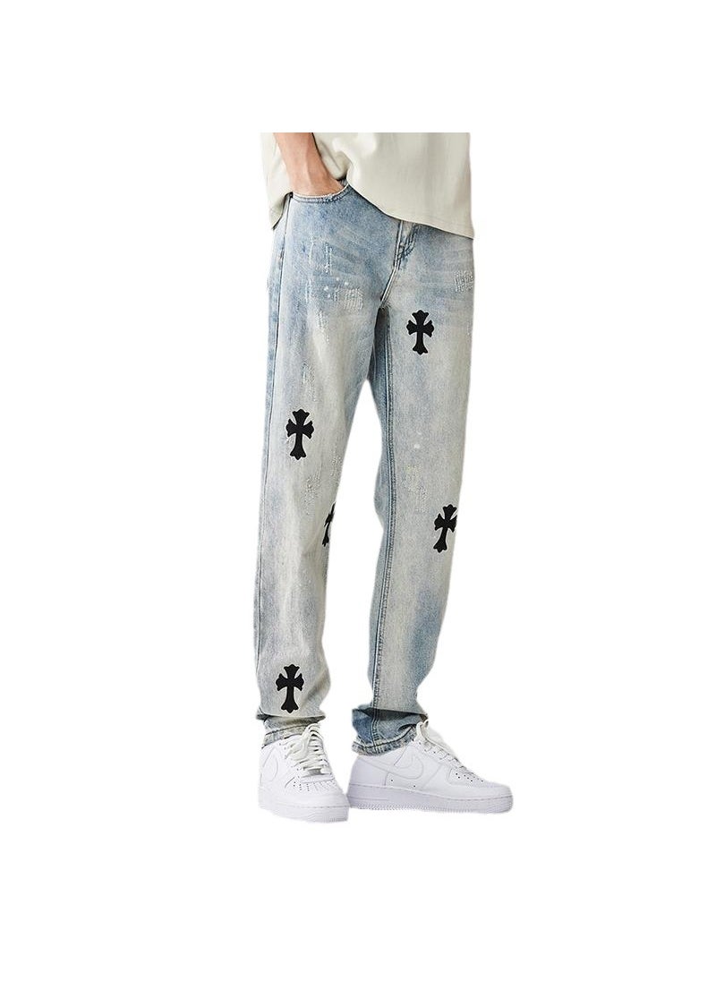 Euro-American Streetwear Washed Print Denim Mens Jeans light blue