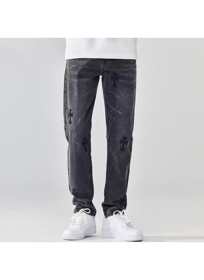 Euro-American Streetwear Washed Print Denim Mens Jeans light blue