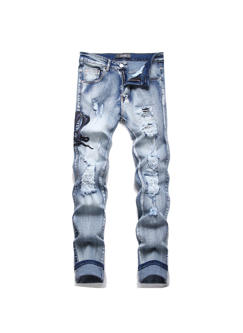 Fashion Ripped Patchwork Embroidered Cobra Pattern Mens Jeans Sky Blue