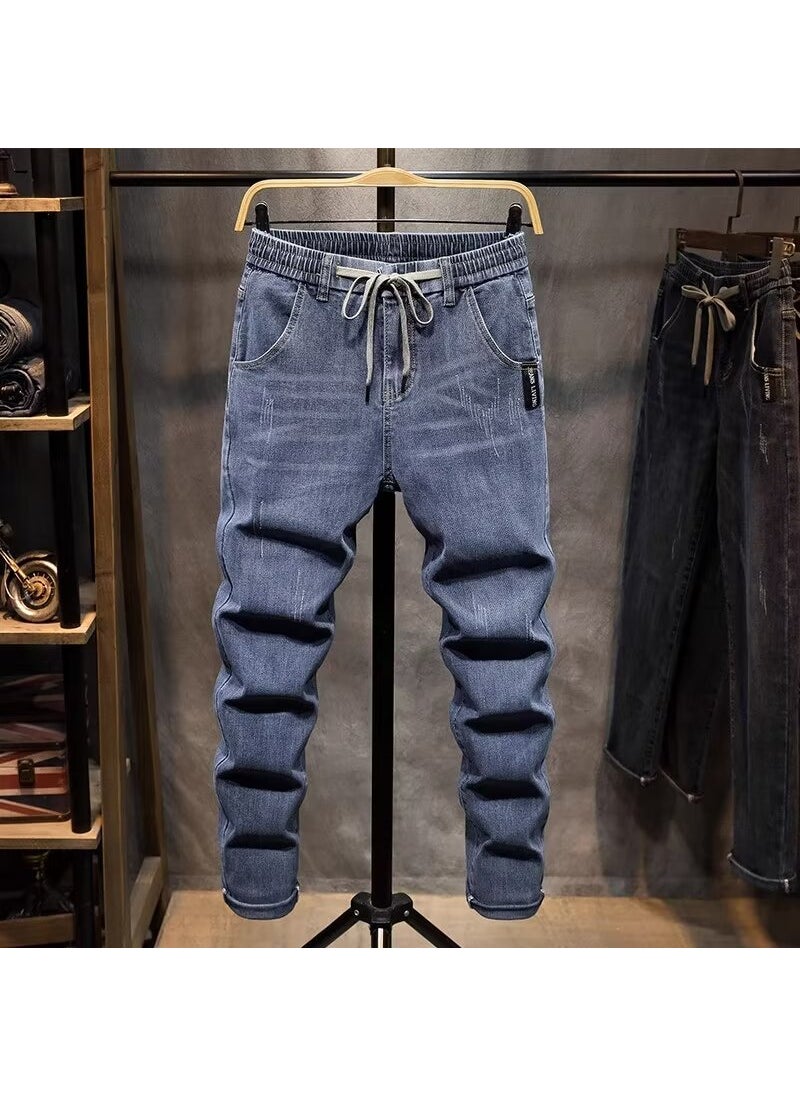 2024 New Mens Elastic Waist Jeans Straight Leg Spring Autumn Drawstring Slim Fit Blue